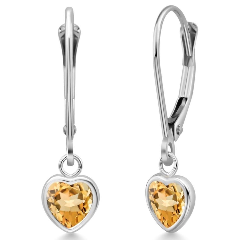 925 Sterling Silver 1.30 Cttw Yellow Citrine Heart Leverback Drop Earrings